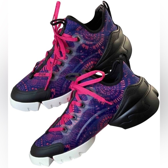 Dior D Connect Black Purple Pink Neoprene Lace Up Sneakers - Picture 1 of 14